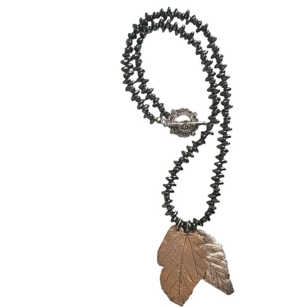 Artisan Hematite Bead Necklace with Electroplated Leaf Pendant - Picture 12 of 13
